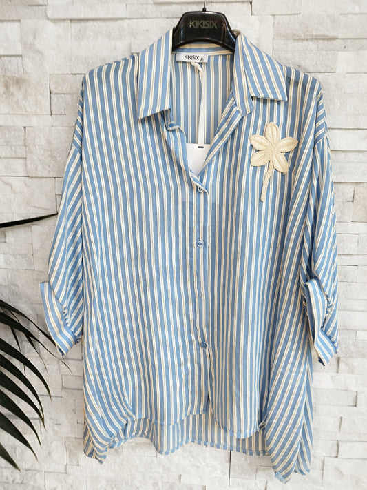 Camicia Over in Tencel a righe celeste