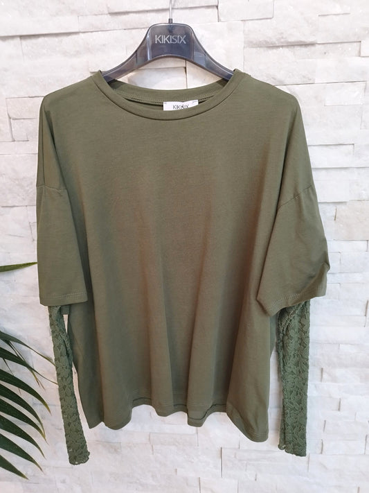 T-shirt over con manica lunga in pizzo verde militare