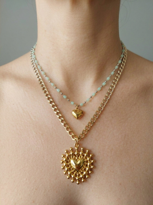 Collana Sole doppio filo rosario verde acqua, versione gold
